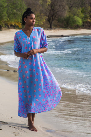 Beach party silk kaftan in Lime Slice blue & pink print by Lotty B Mustique