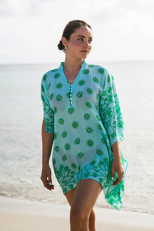 The Lime Tree  "Lotty" kaftan features a short Nehru style collar and deep V neckline fastened with an elegant line of 6 little mother of pearl buttons