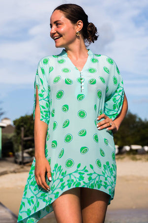 The Lotty Kaftan - Lime Tree green style: short collar, buttoned V neck, split sleeve, square hand rolled handkerchief hem