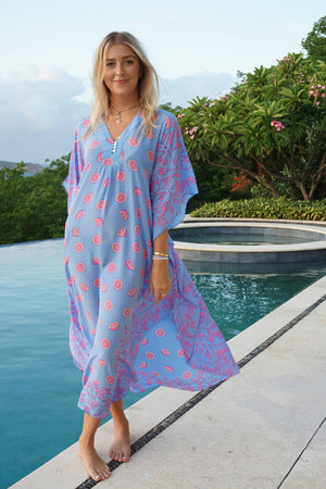 Poolside style silk kaftan in Lime Slice blue & pink print by Lotty B Mustique