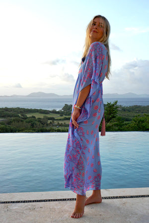 Holiday fashion silk kaftan in Lime Slice blue & pink print by Lotty B Mustique