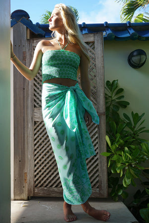 Luxury resort fashion pure silk Lime Tree green sarong designed by Lotty B Mustique