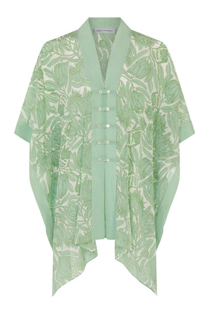 Buttoned poncho in floral green Protea print by Lotty B Mustique