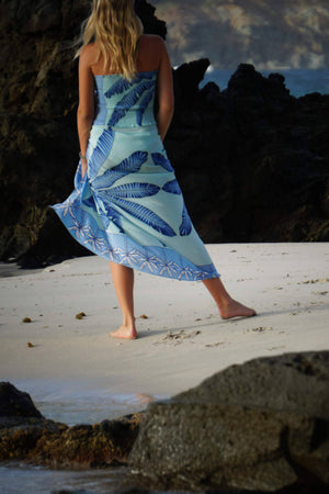 Large pure silk sarong scarf in Banana Tree blue design by Lotty B Mustique dress with matching shirred silk bandeau top