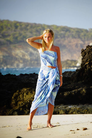 Large pure silk sarong cover up in Banana Tree blue design by Lotty B Mustique beautiful Caribbean beachwear