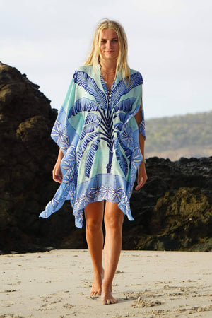 Lotty Kaftan: BANANA TREE - BLUE by designer Lotty B Mustique, beautiful silk kaftans