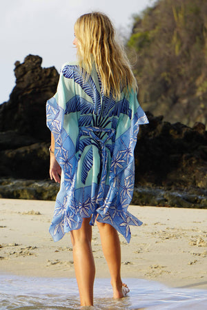 Lotty Kaftan: BANANA TREE - BLUE by designer Lotty B Mustique, luxury silk resort wear