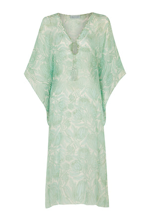 Chiffon silk cover up in sage green and white Protea design by Lotty B Mustique
