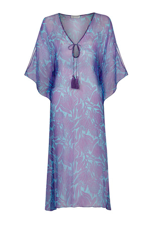 Chiffon silk kaftan, Ellie violet & turquiose blue Protea print by Lotty B Mustique