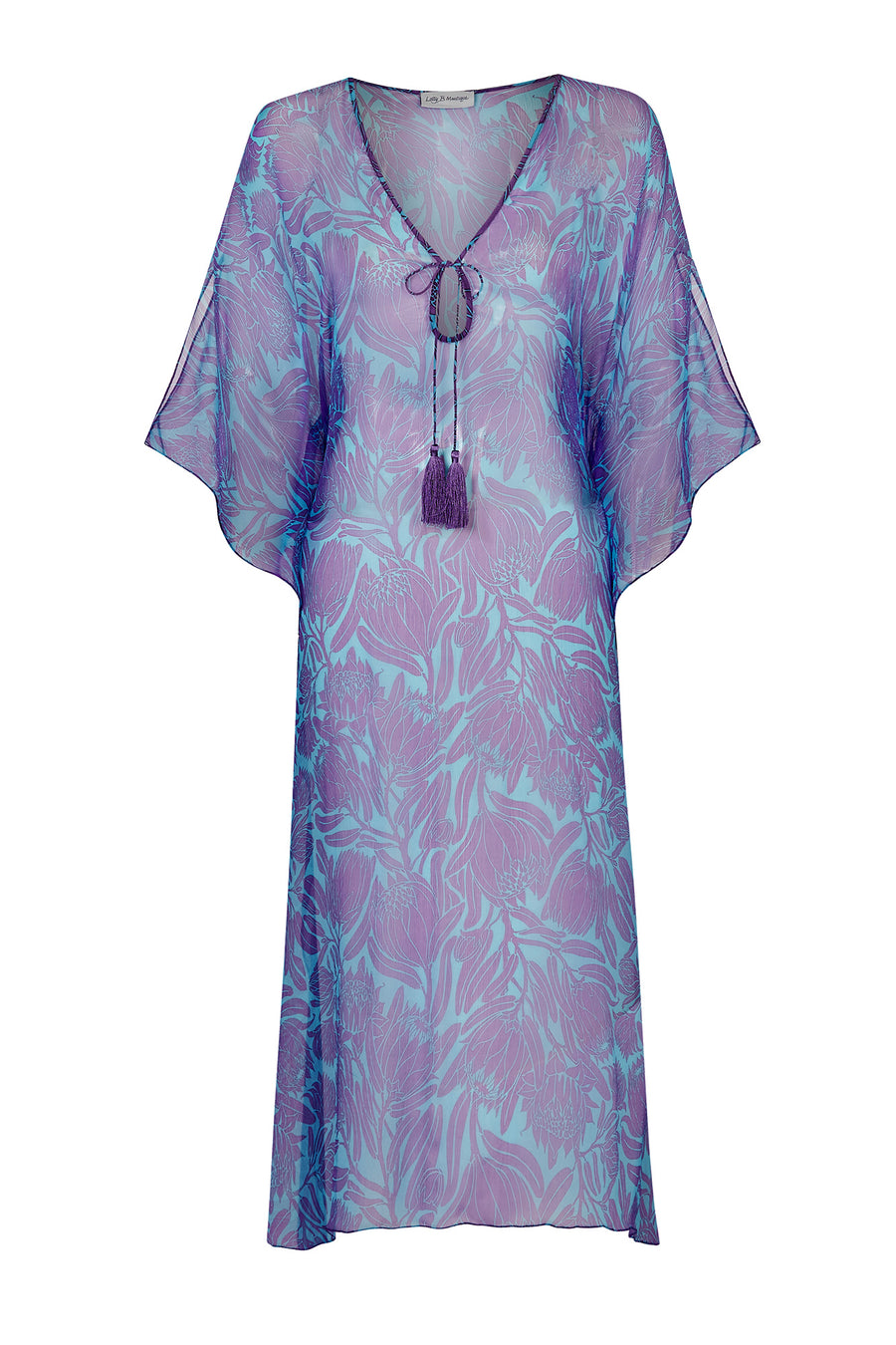 Designer silk kaftan, Ellie violet & turquiose blue Protea print by Lotty B Mustique