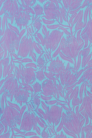Protea print in violet and turquoise blue hand screen printed onto chiffon silk by designer Lotty B Mustique