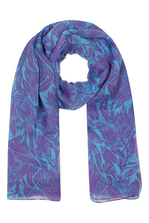Luxury silk chiffon scarf in violet & blue Protea print by designer Lotty B Mustique