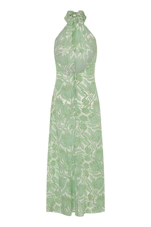 backless silk Dena dress in green Protea print by Lotty B Mustique