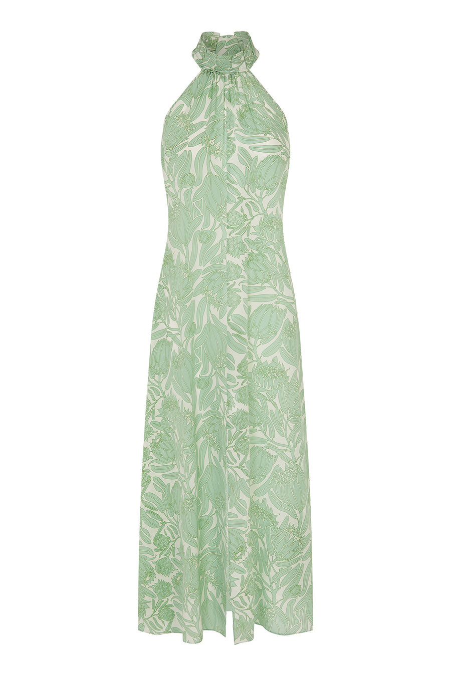 flattering long silk backless Dena dress in green Protea print by Lotty B Mustique