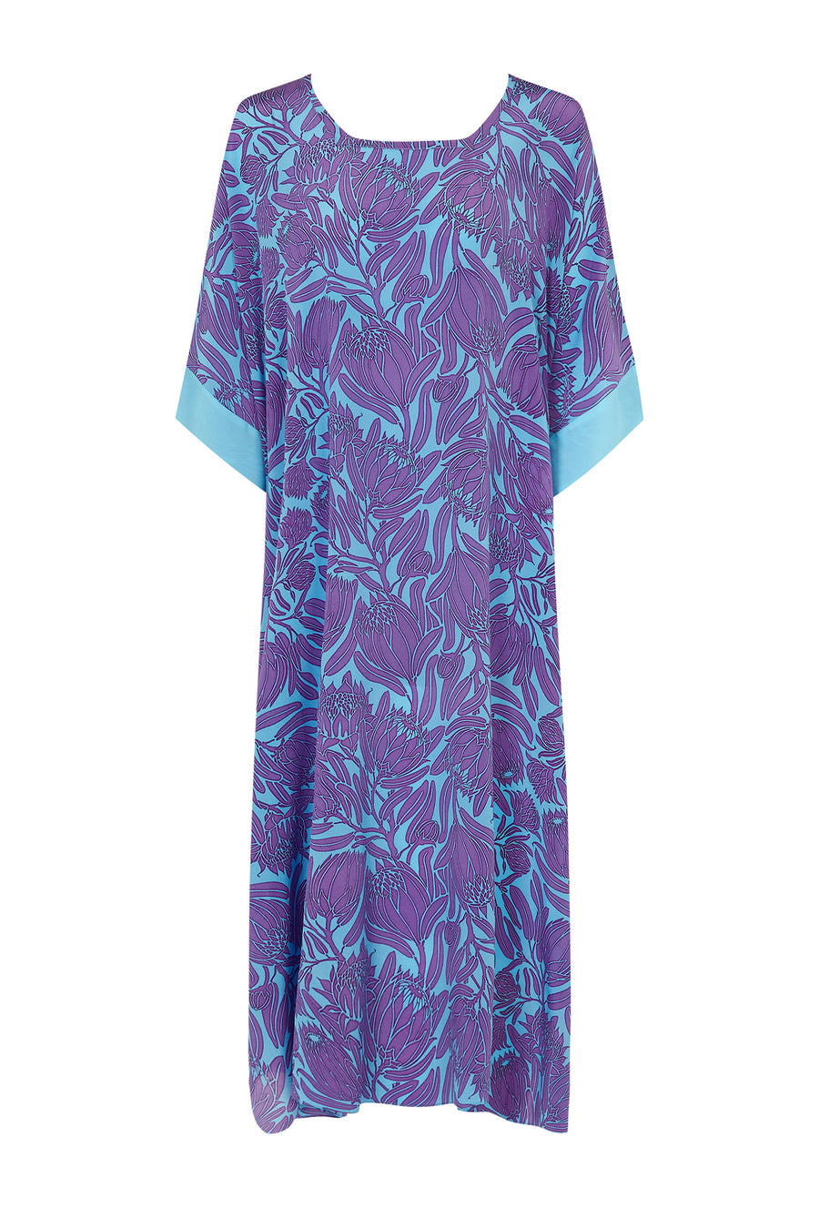 Holiday cover up flowing silk kaftan in violet floral print by designer Lotty B