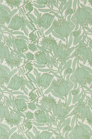 Protea print in soft sage green & white by Lotty B Mustique