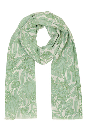 Designer silk scarf in green & white floral Protea print by Lotty B Mustique