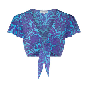 Pure silk cropped tie top in Protea violet & turquoise print by designer Lotty B Mustique