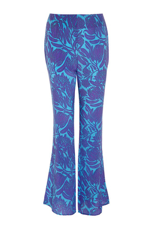 Fit & flare silk trousers in Protea violet & turquoise print by designer Lotty B