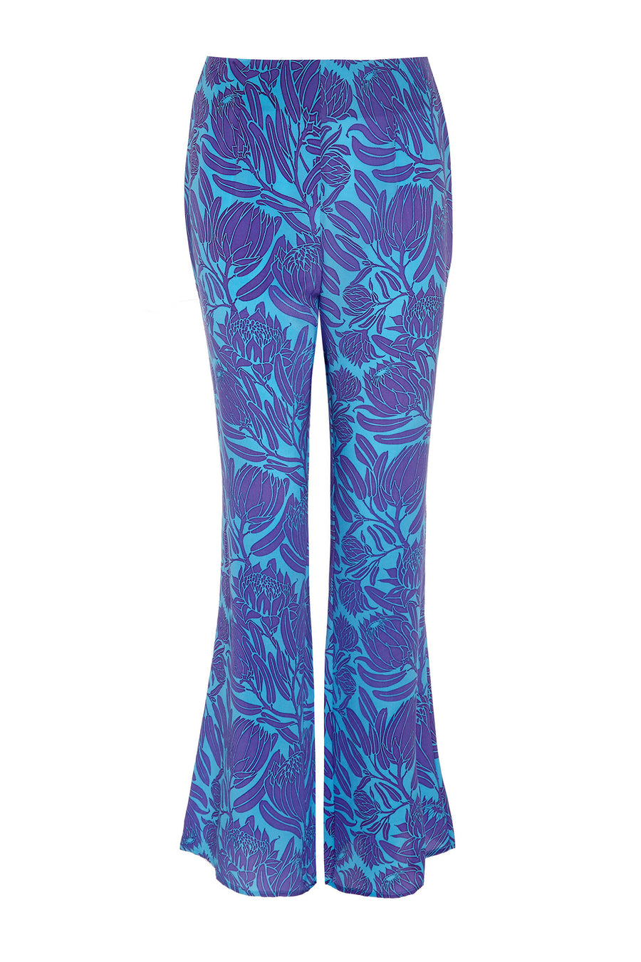 Luxury resort fashion fit & flare silk trousers in Protea violet & turquoise print by designer Lotty B