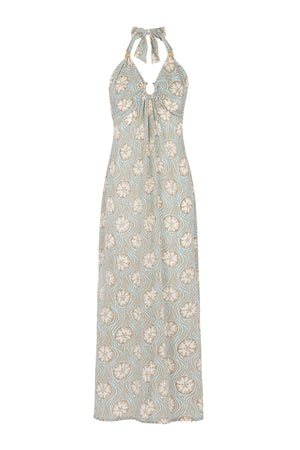 Maxi length halter neck silk dress in Sand Dollar repeat print by Lotty B Mustique