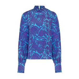 Silk crepe Kelly blouse in violet & turquoise protea flower print by Lotty B
