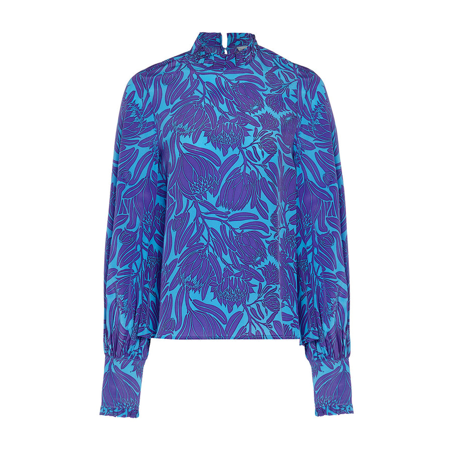 Luxury silk Kelly blouse in violet & turquoise protea flower print by Lotty B