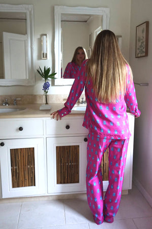 Limited edition pure silk pyjamas in vibrant blue and pink Beetle print by Lotty B Mustique