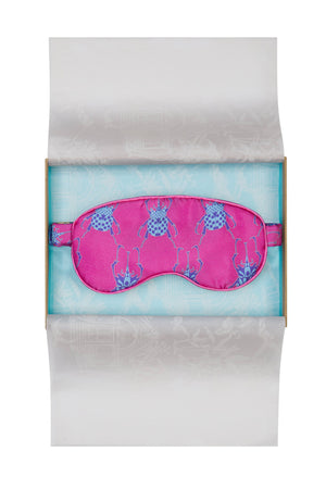  Luxury silk eye mask in bright pink and blue Beetle print. Limited edition sleepwear accessories by Lotty B Mustique. Handmade in England