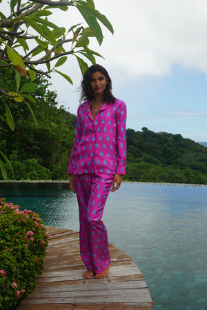Luxury silk pajamas in vibrant blue and pink Beetle print by Lotty B Mustique