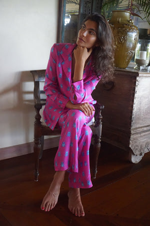 Luxury pure silk limited edition pyjamas in vibrant blue and pink Beetle print by Lotty B Mustique handmade in England