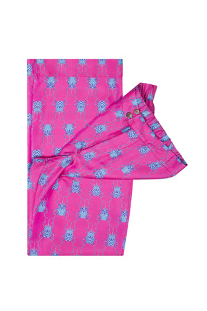 Silk twill Pyjama trousers detail with mother of pearl buttons Beetle pink and blue