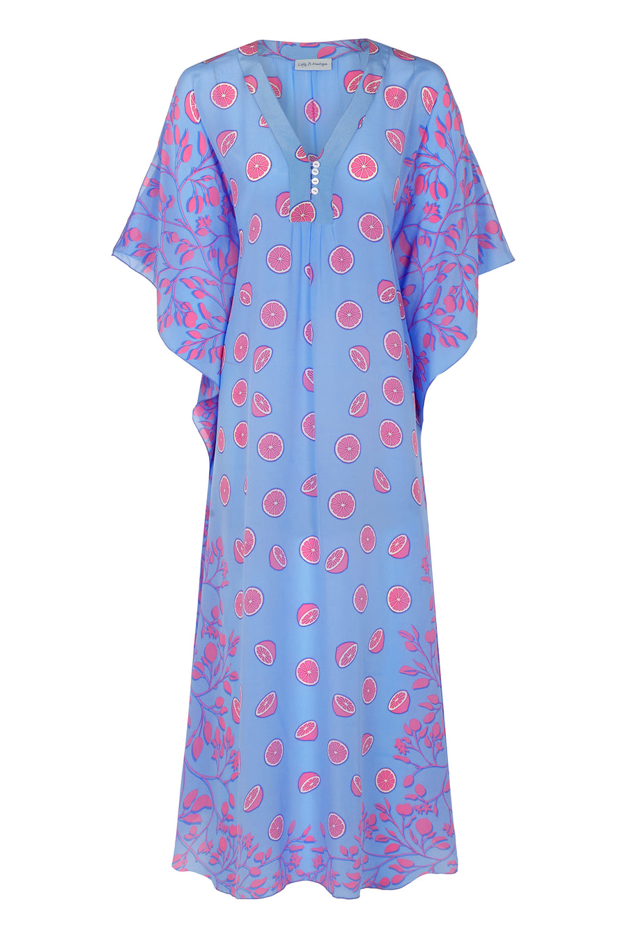 Summer wedding party silk kaftan in Lime Slice blue & pink print by Lotty B Mustique
