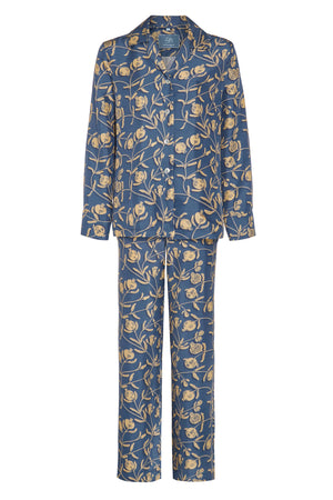 Beautiful pure silk pajamas in gold and navy blue pomegranate print. Limited edition collections by Lotty B Mustique