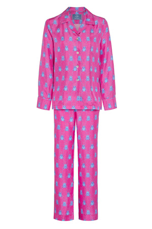 Beautiful pure silk pajamas in pink and blue beetle print. Limited edition collections by Lotty B Mustique