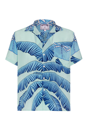 Lotty B unisex silk festival shirt in tropical Banana print in brilliant blues