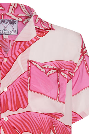Lotty B unisex silk festival shirt in tropical Banana print sunset pink