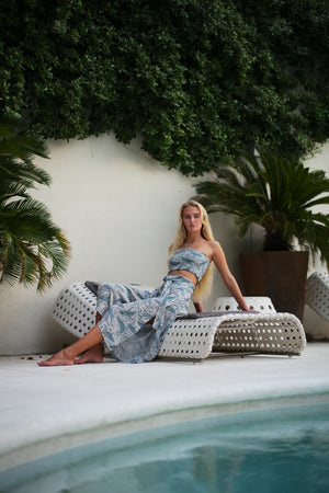 Luxury hotel style silk Gabija palazzo pants in monochrome whale print with matching shirred bandeau top