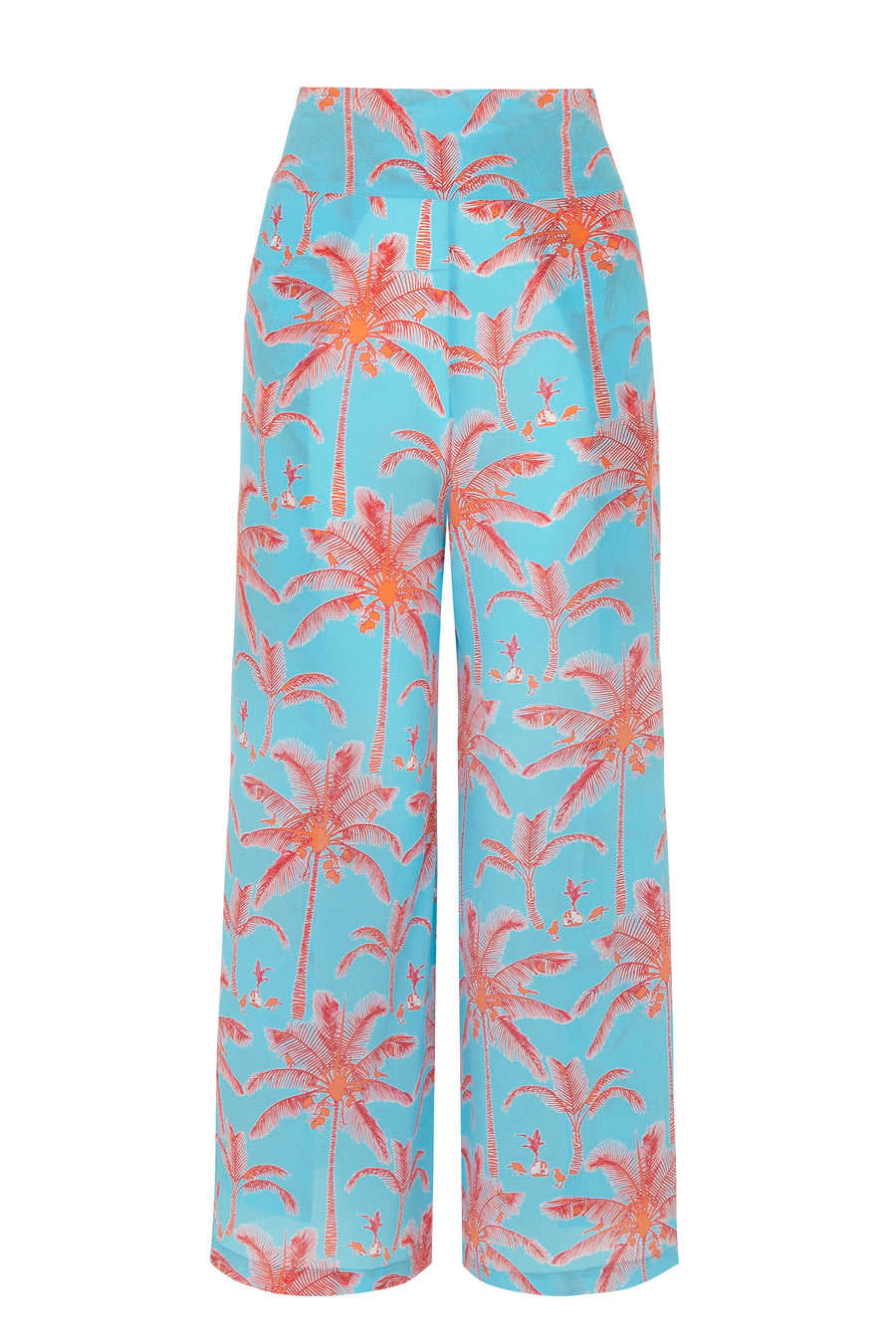 Designer silk wedding outfit, palazzo pants in tropical turquoise & orange plantation palm print