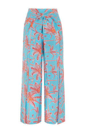 Chic beach fashion, palazzo pants in tropical turquoise & orange plantation palm print with matching silk Kim blouse