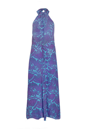 Backless silk Dena dress in violet & turquoise blue Protea print by Lotty B Mustique