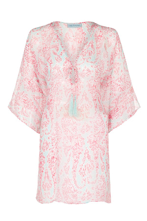 Pure chiffon silk short kaftan in Seahorse Pink print by designer L:otty B Mustique