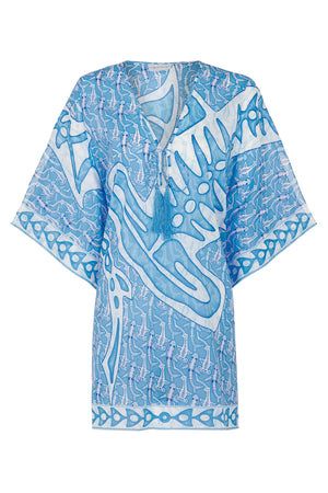 Short cotton kaftan in Shark Blue print by resortwear designer Lotty B Mustique