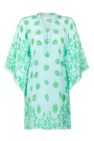 Exquisite silk kaftan in Lime Tree green designed by Lotty B Mustique