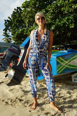 Lotty B Jumpsuit in Silk Crepe-de-Chine: FAN PALM REPEAT - BLUE designed by Lotty B Mustique, Caribbean