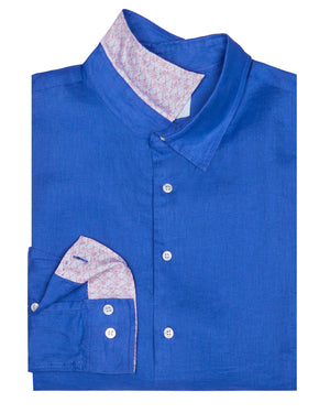 Folded Mens designer Linen Shirt by Lotty B for Pink House Mustique in plain Dazzling Blue