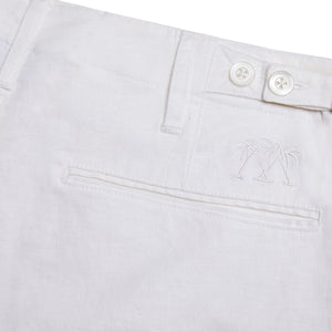 Mens Linen Shorts : CLASSIC WHITE back pocket & emblem, designer Lotty B for Pink House Mustique