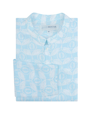 Mens Collarless Linen Shirt Guava pale blue designed by Lotty B Mustique Caribbean inspired Resort wear