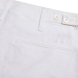 Mens Linen Trousers : CLASSIC WHITE back pocket & emblem detail, designer Lotty B Mustique Mens fashion