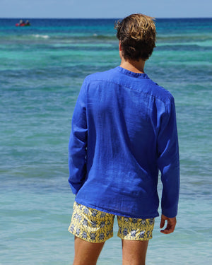 Quality blue linen shirt by Lotty B Mustique for Pink House holiday essentials